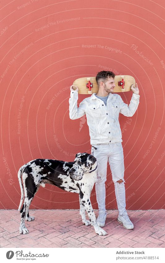 Junge stilvolle Kerl trägt Skateboard, während die Zeit auf der Straße mit niedlichen Hund Mann Deutsche Dogge Zusammensein sportlich Aktivität Skater Besitzer