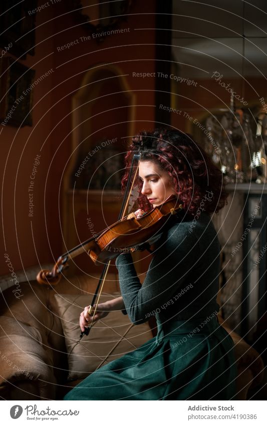 Talentierter Geiger spielt im Zimmer Frau Musiker klassisch spielen Armsessel Raum Probe Instrument altehrwürdig Melodie Klang Kunst Fokus Inspiration Dame