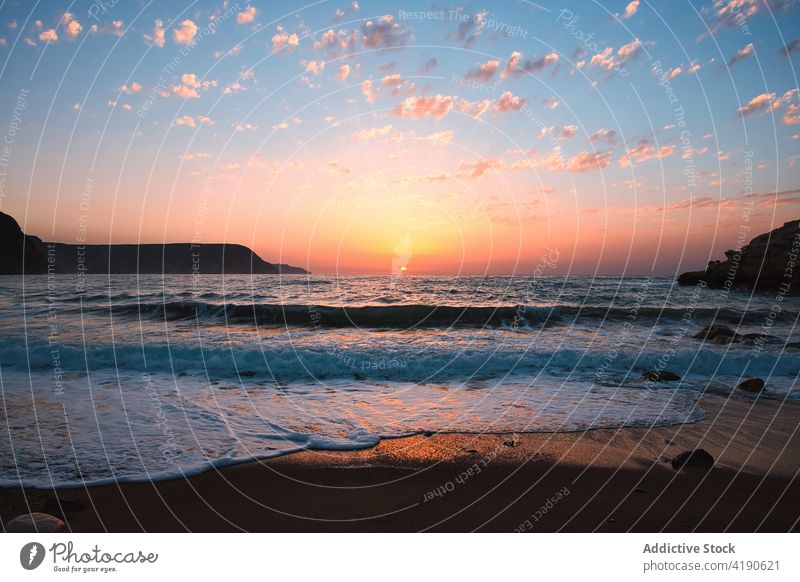 Panoramablick auf Cala del Cuervo bei Sonnenaufgang Strand Meer Sommer cala del cuervo Cabo de gata-nijar Almeria mediterran Spanien Paradies Erholung MEER