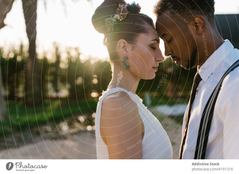 Zartes frisch vermähltes Paar bei Sonnenuntergang im Garten Jungvermählter Angebot Hochzeit Zusammensein Partnerschaft Angesicht zu Angesicht sanft berühren