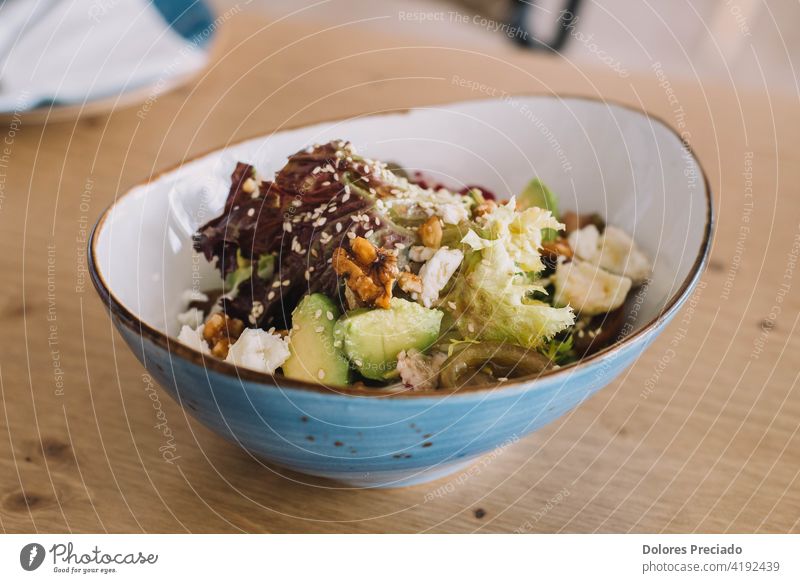 Gourmet-Salat mit Avocado, Walnüssen, Tomate und grünen Sprossen. Serviert in einem schicken Restaurant Vitamin Rezept farbenfroh Salatgurke balsamisch essen