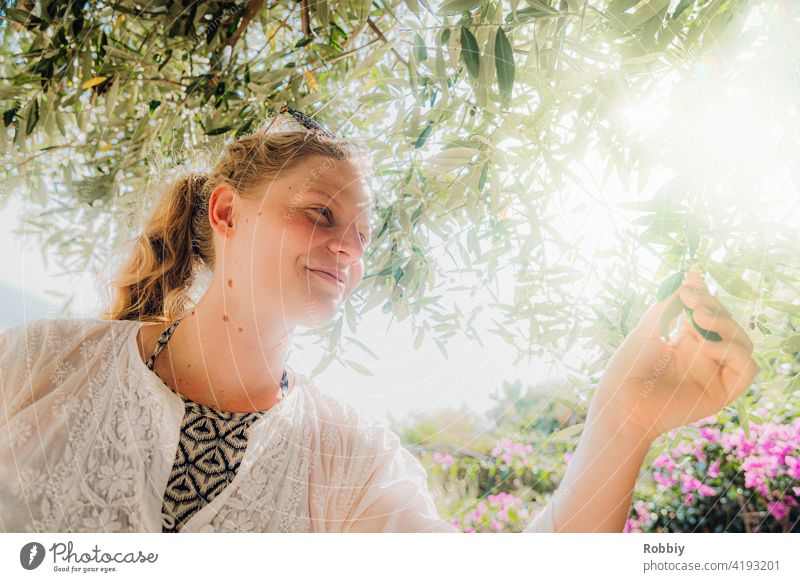 Junge Frau unterm Olivenbaum bei Sonnenschein junge Frau blond Sonnenlicht Baum Gegenlicht Portrait lächeln schön hübsch Urlaub Sommer Sommerfeeling