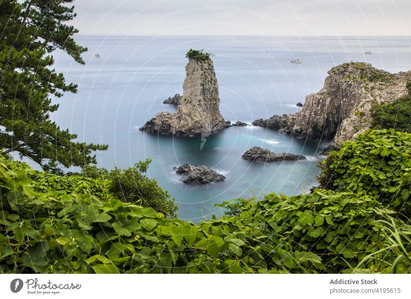 Aussicht auf eine felsige Klippe im Meer Felsen MEER atemberaubend Landschaft Insel Sommer Natur Meereslandschaft oedolgae jeju Süd Korea tropisch Wasser