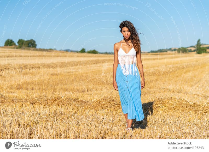 Sorglose Frau im Feld im Sommer trocknen Landschaft sorgenfrei Gelassenheit schlank Anmut sonnig Harmonie friedlich Quaste Wiese Natur idyllisch Stil getrocknet