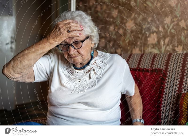 Porträt einer älteren Frau in einem Zustand der Sorge zu Hause e people Senior reif lässig Kaukasier heimwärts alt Alterung häusliches Leben Großmutter