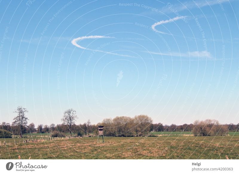 zwei bogenförmige Kondensstreifen am blauen Himmel über einer Wiese mit Hochsitz und Bäumen Landschaft Natur Spuren Frühling Umwelt Weide menschenleer