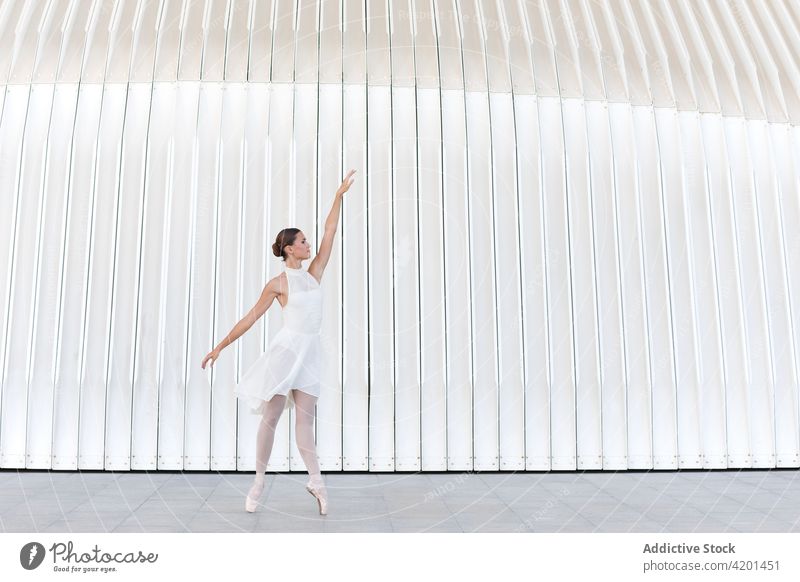 Professionelle Ballerina tanzt auf der Straße Tanzen klassisch Kunst Choreographie Bein angehoben Anmut Übung Frau Arm angehoben Tänzer Balletttänzer feminin