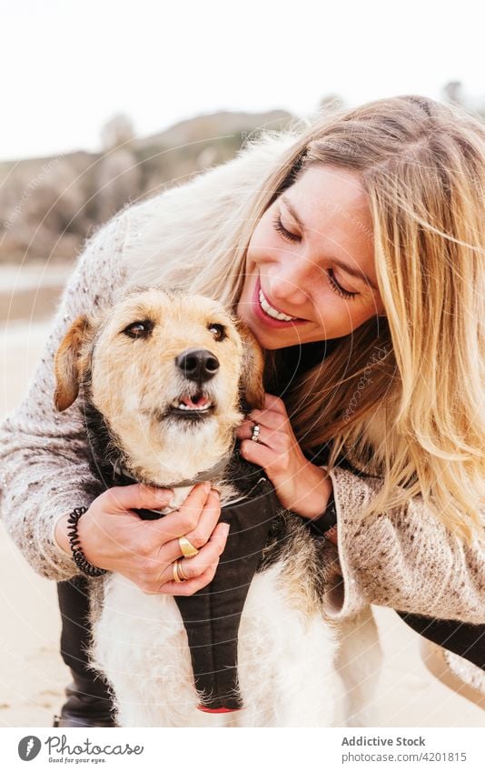 Frau umarmt Foxterrier am Meer Fox-Terrier Hund Streicheln Eckzahn Umarmung Haustier Liebe Porträt Kraulen Bonden Umarmen Zuneigung freie Zeit Wochenende MEER