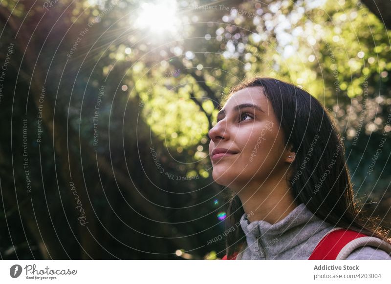 Fröhliche Frau mit Rucksack beim Wandern im Wald Wanderer Glück Sonnenlicht aktiv heiter Natur Lächeln jung Lifestyle Aktivität Erholung Wellness Gesundheit