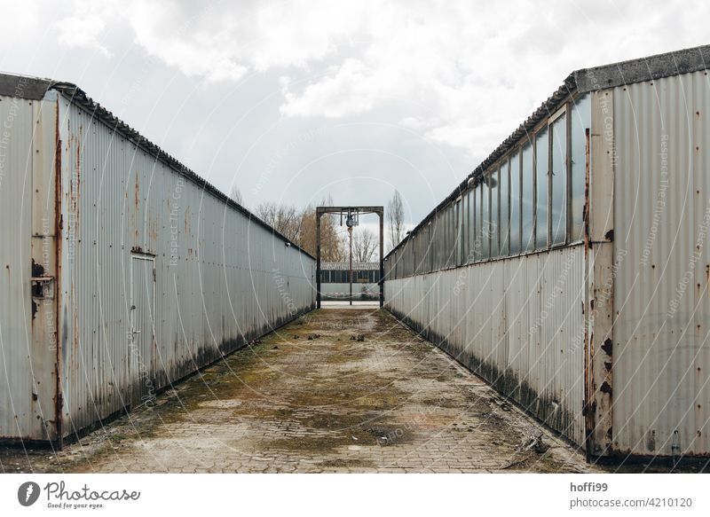 zwei alte Lagerhalle mit Spuren von Rost trist wartezone 50ger Jahre Hafen Logistikbereich logistik Halle Schuppen Industrie Gebäude Fassade