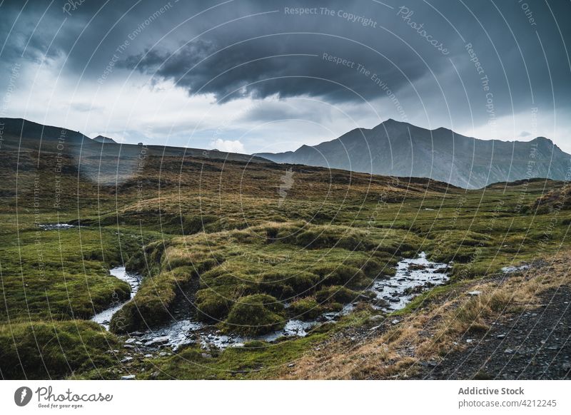 Grasbewachsenes Tal mit Bergen bei bedecktem Wetter Landschaft Hügel Bach aran val d aran Spanien Pyrenäen Katalonien Hochland Natur Wiese trist Wasser