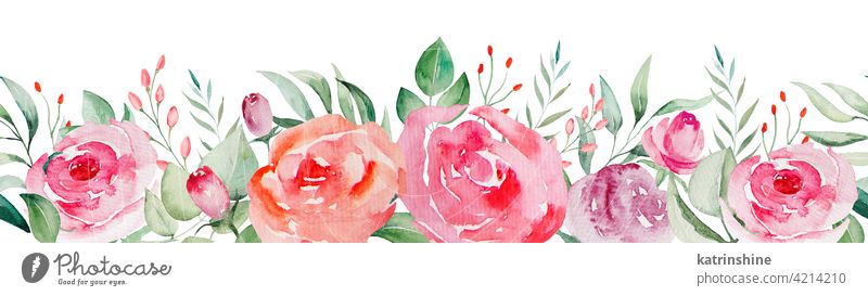 Aquarell rosa und roten Rosen Blumen und Blätter nahtlose Grenze Illustration Wasserfarbe Knospen erröten übergangslos Muster Borte Zeichnung grün