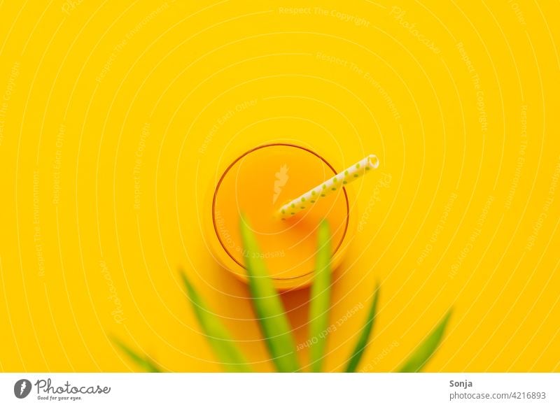 Ein Glas Orangensaft mit einem Stohhalm und ein Palmblatt auf einem gelben Hintergrund. Draufsicht Strohhalm Getränk Sommer Erfrischung Erfrischungsgetränk