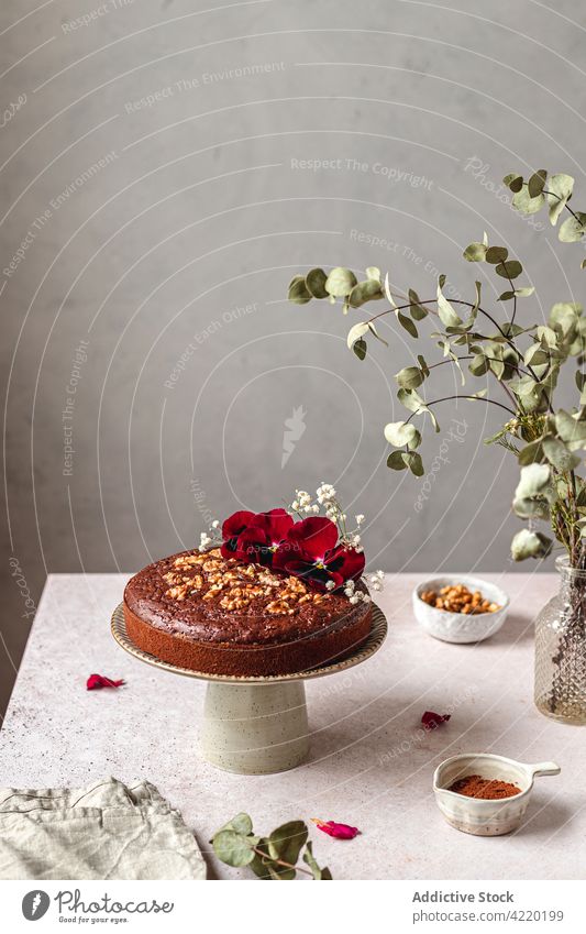 Süßer Kuchen mit Nüssen und Blumen auf Ständer auf Tisch Schokolade Biskuit gebacken Dessert süß Gebäck Nut dienen lecker stehen Feinschmecker Lebensmittel