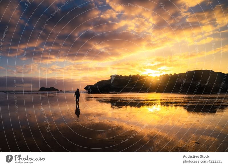 Mann genießt den Sonnenuntergang am Meeresufer Sonnenaufgang Sommer MEER Strand Natur Wasser reisen Menschen schön Urlaub Landschaft Sand Küste Himmel im Freien