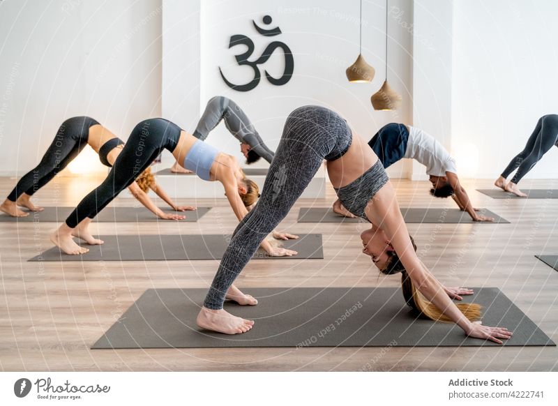 Gesellschaft von Menschen, die gemeinsam im Studio Yoga machen Klasse Lektion Zusammensein Atelier Pose nach unten gerichtete Hundehaltung üben Menschengruppe