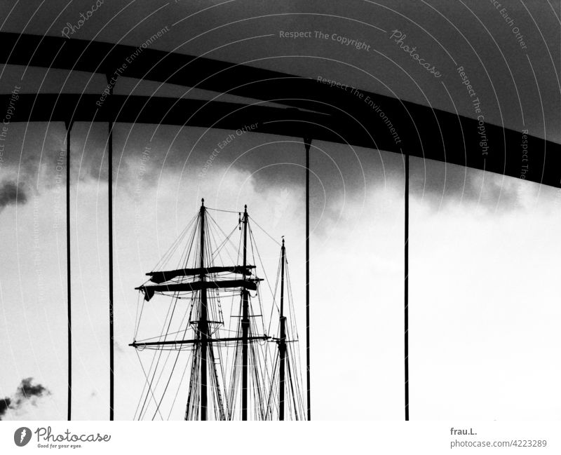 Segelschiff Masten Hafen Hamburg Museumsschiff Elbe Rickmers Rikmer Himmel Brücke Wolken Schifffahrt Hafenstadt Hamburger Hafen Stadt Sehenswürdigkeit