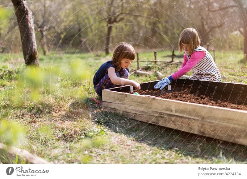 Zwei kleine Mädchen bei der Gartenarbeit im städtischen Gemeinschaftsgarten Bewässerung Gießkanne Wasser städtischer Garten Umweltschonung