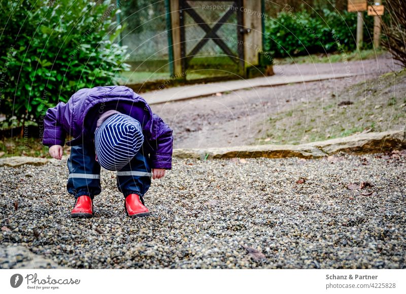 Kind sucht Steinchen spielen Ausflug Familie Spatziergang spatzieren Gummistiefel Regenjacke sammeln Mütze lila Geduld Eltern Elternzeit Zeit für Kinder