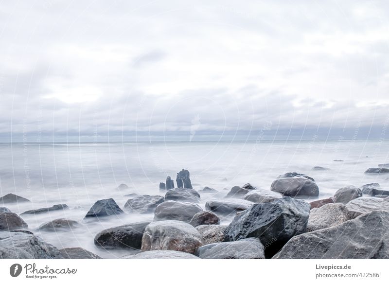 Ostseeküste Strand Meer Umwelt Natur Urelemente Wasser Himmel Wolken Herbst Wind Wellen Küste Stein Sand Holz frisch kalt wild blau grau Ferne Farbfoto