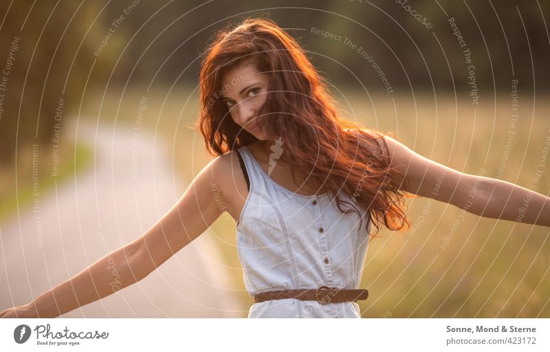 Rotate feminin Junge Frau Jugendliche 1 Mensch 18-30 Jahre Erwachsene Natur Schönes Wetter Gras Wildpflanze Wiese Feld Wege & Pfade Kleid brünett rothaarig