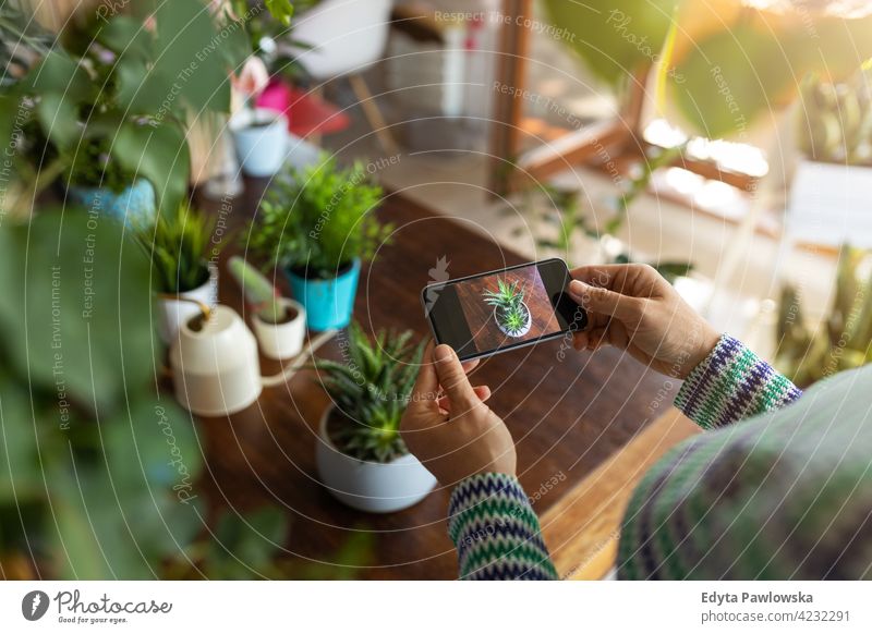 YoWoman fotografiert eine Topfpflanze mit ihrem Smartphone Floristik Pflege Gesundheit Blüte Gartenbau Flora botanisch Dekoration & Verzierung Botanik wachsen