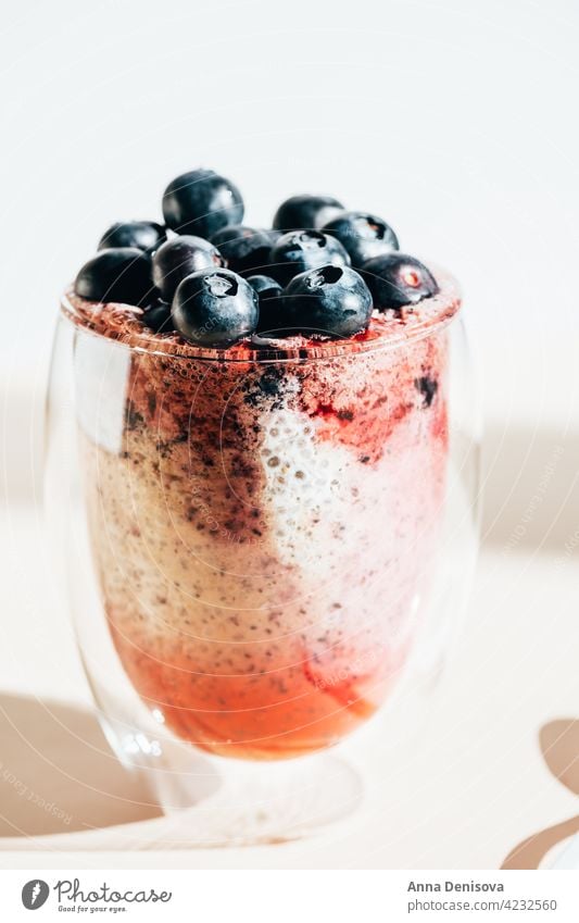 Gesunder Chia-Pudding im Glas mit frischen Heidelbeeren Kokosnussmilch Mandelmilch roh Frühstück Veganer Beeren Blaubeeren Ernährung Chiapudding Portion