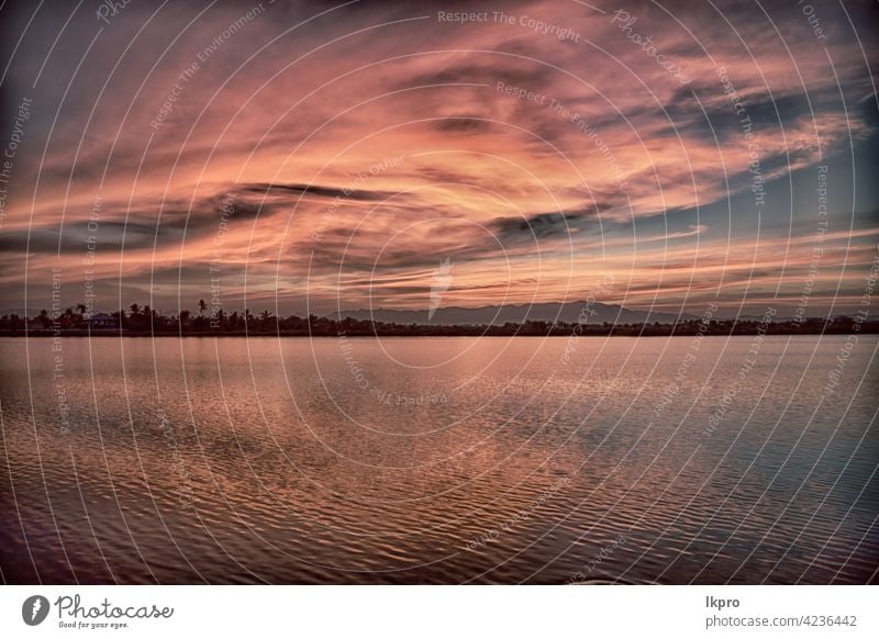 Blick vom Wasser auf den Sonnenaufgang voller Farben Sonnenuntergang rosa rot Himmel MEER Horizont weiß Sommer Landschaft Natur Hintergrund schön