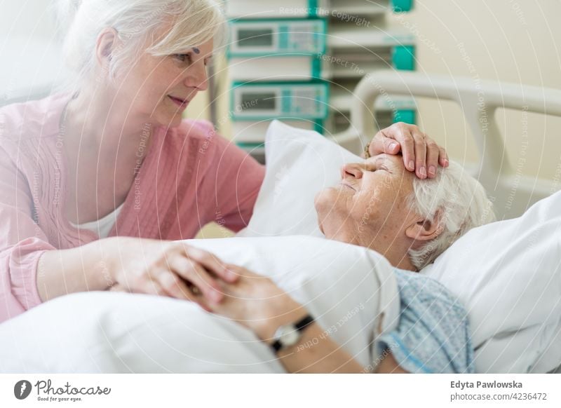 Tochter besucht ihre ältere Mutter im Krankenhaus Familie Liebe Zusammensein besuchen Partnerschaft Freundlichkeit Zwei Personen Unterstützung Vertrauen