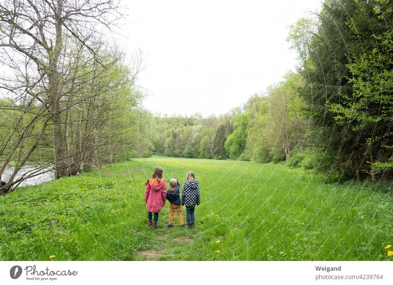 Kinder auf einer Wiese Kindergarten Grunschule Bildung FAmilie Junge Mädchen Wandern Geschwister