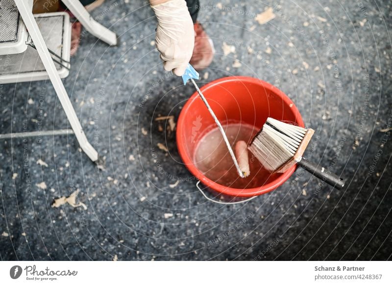 Kleisterrolle im roten Eimer Renovieren streichen tepezieren Renovierung Pinsel Farbrolle Leiter heimwerken Heimwerker Innenaufnahme Farbe