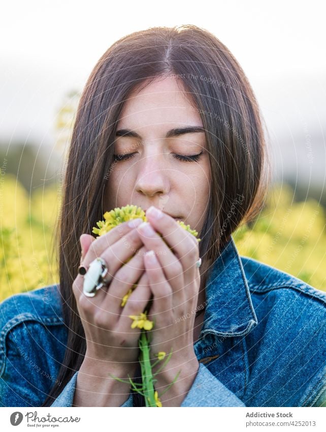 Serene weibliche riechen duftenden gelben Blumen in der Natur Frau Augen geschlossen sensibel genießen Blütezeit Feld Wittern Gelassenheit Landschaft filigran