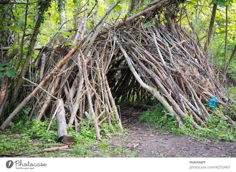 Hütte im Wald lager spielen hütte stöcke baumstämme bauen pfadfinder unterschlupf stadt natur kindheit glückliche bauen wohnen haus