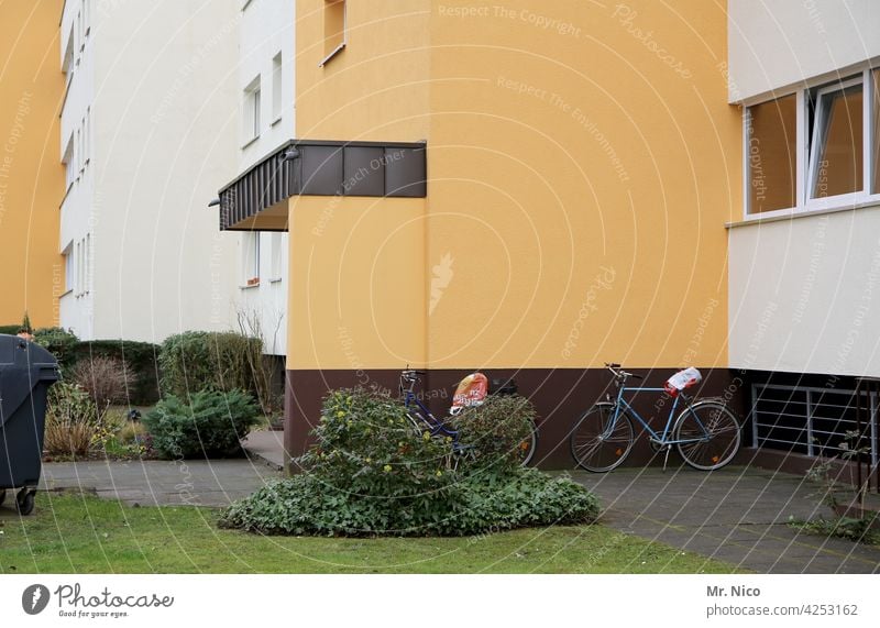 Innenhof eines Häuserblocks Mülltonne Hinterhof Hof Architektur Fassade Stadt Eingang Sträucher Grünpflanze Gebäude Wege & Pfade Eingangstür Haus Plattenbau