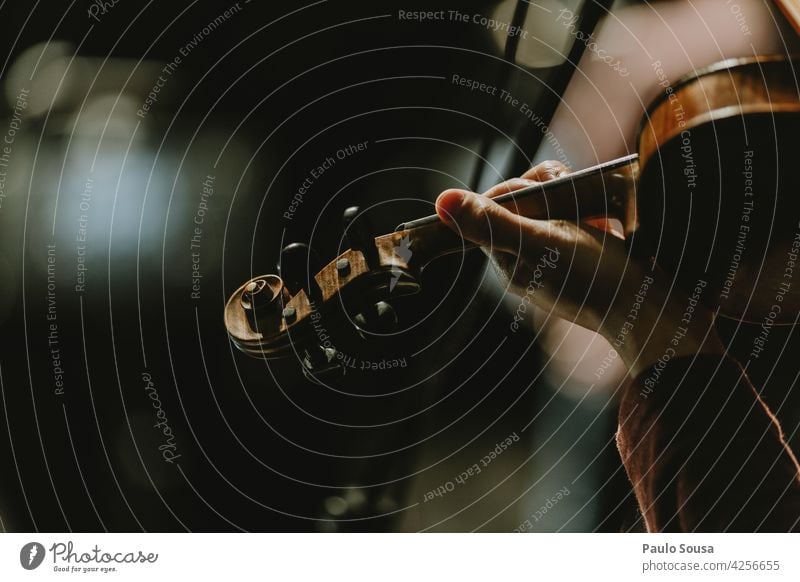 Nahaufnahme Hand hält Geige Geiger Orchester Musik Musikinstrument Streichinstrumente Schauplatz Holz Innenaufnahme Musik hören Saite Konzert Kunst