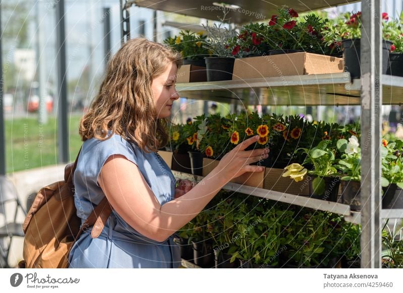 Frau wählt Blumen auf dem Markt kaufen Garten Pflanze Einzelhandel Gartenarbeit Gärtner jung grün Kaukasier Laden Lächeln Erwachsener Gartenbau Lifestyle wählen