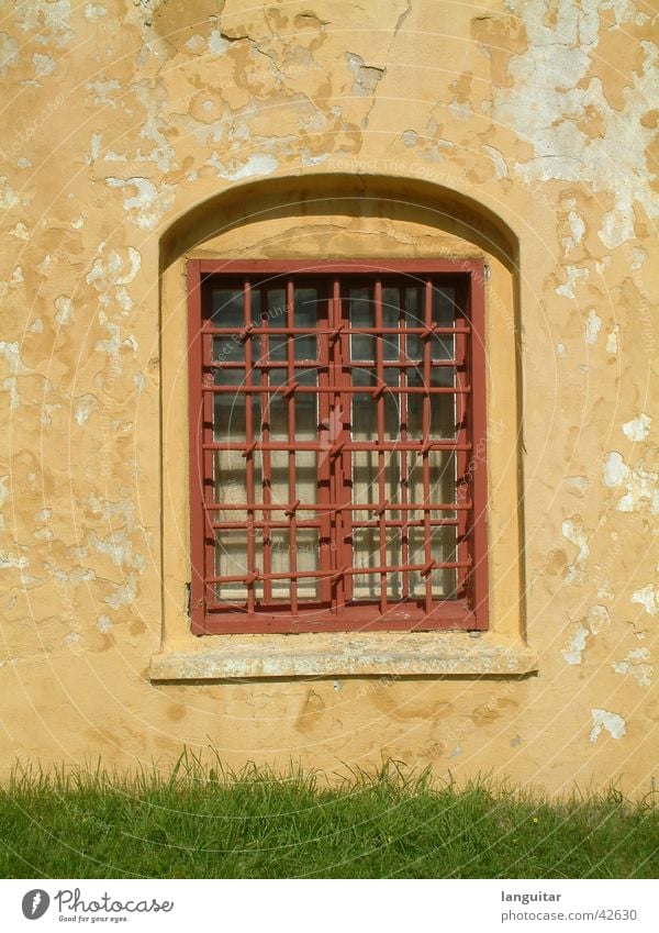 mywindow Fenster Gitter gelb rot Wand Festung gefangen Quadrat Fensterbrett Putz Verfall kaputt Gras grün Architektur historisch Window Glas