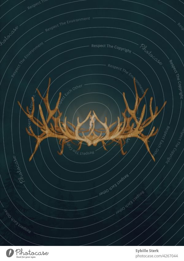 Schwebende Geweihkrone, die in einem magischen Licht leuchtet Horn Krone goldene Krone Natur Lizenzgebühr König Königin Prinzessin Phantasie Zauberei u. Magie