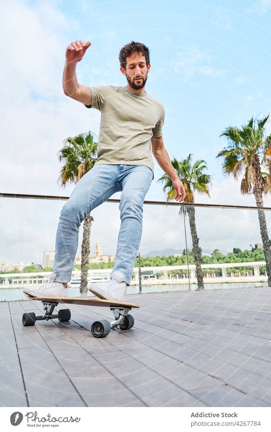 Männlicher Skateboarder fährt auf einer Böschung in einer tropischen Stadt Mann Skateboarderin Aktivität Fähigkeit Hobby Mitfahrgelegenheit Stauanlage