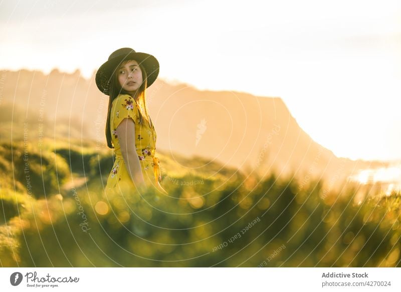 Junge Frau steht auf einem Rasenstück Sonnenkleid Landschaft Natur verträumt Grasland Wiese grasbewachsen jung Feld Hut Vorschein Gelassenheit Anmut feminin