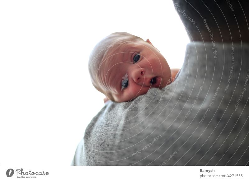 Kind schaut über die Schulter des Vaters und schaut überrascht. Baby Säugling Junge Mädchen neugeboren Familie klein bezaubernd niedlich Kindheit Pflege jung