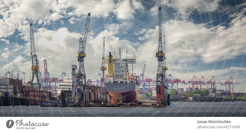 Einer von mehreren Reparaturdocks im Hamburger Hafen mit einem großen Kreuzfahrtschiff bei sonnigem Wetter horizontal Restauration Europa Passagier Docks