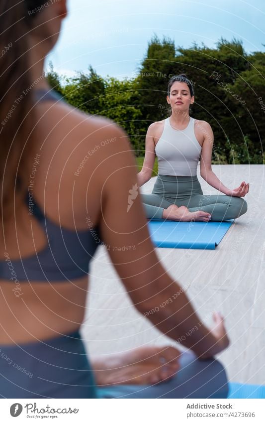 Konzentrierte Frau mit Gerte Freundin meditiert in Lotus-Pose im Freien meditieren Yoga Mudra Stressabbau Zen Sprit Konzentration Hof Frauen Augen geschlossen