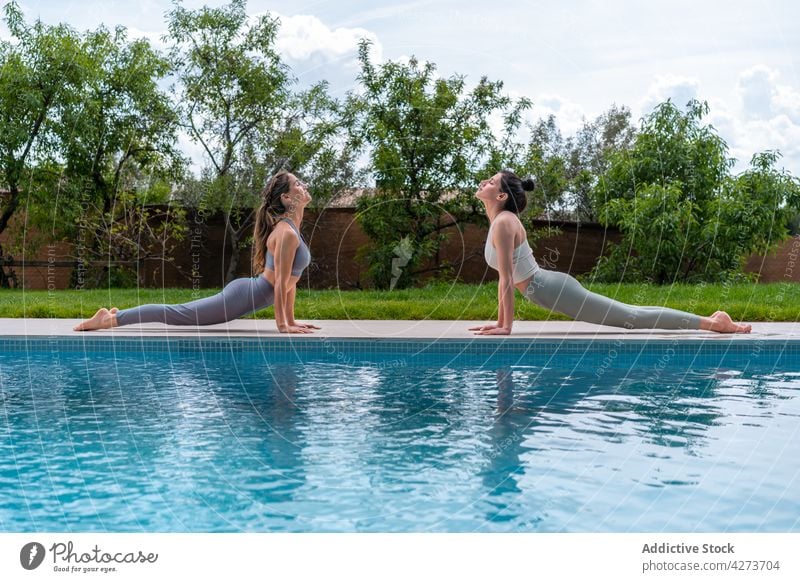 Freundinnen üben Yoga in Cobra-Pose am Pool Frauen Gruß Gesunder Lebensstil Wohlbefinden Energie Vitalität Kobra-Pose Rasen Lächeln bhujangasana genießen