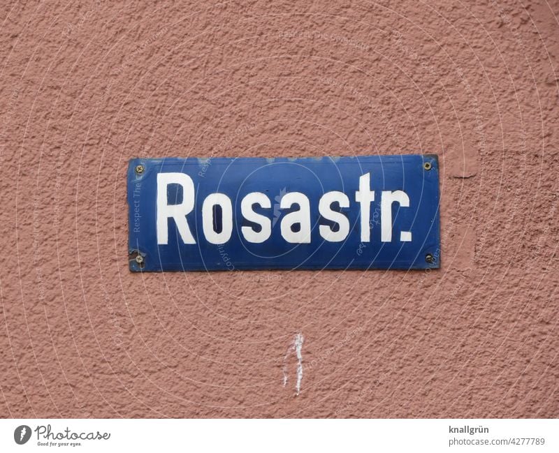 Rosastraße Straßenschild Hauswand rosa Schilder & Markierungen Hinweisschild Wand Fassade Farbfoto Außenaufnahme Buchstaben Wort Schriftzeichen Typographie