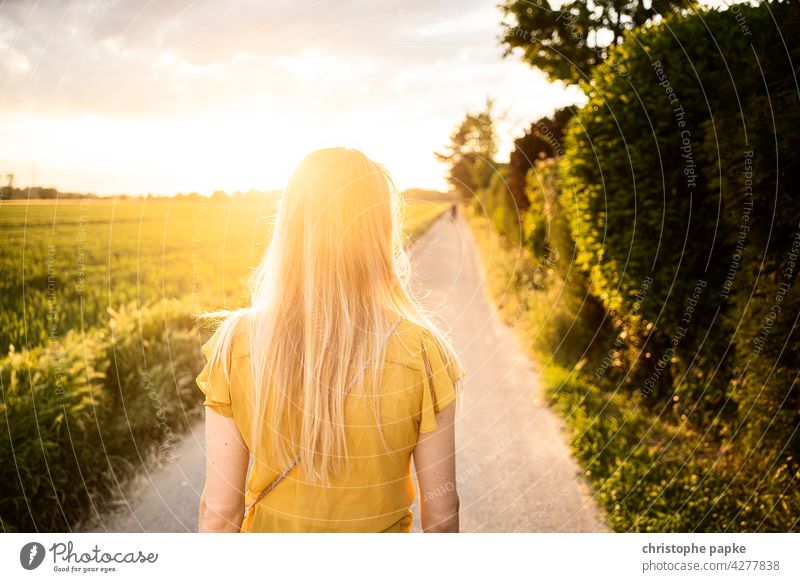 Rückansicht blonde frau spaziergang abends auf feld, tiefstehende Sonne Frau Spaziergang Feld Abend feldweg Abendlicht Sommer Haare Gegenlicht spazieren gehen