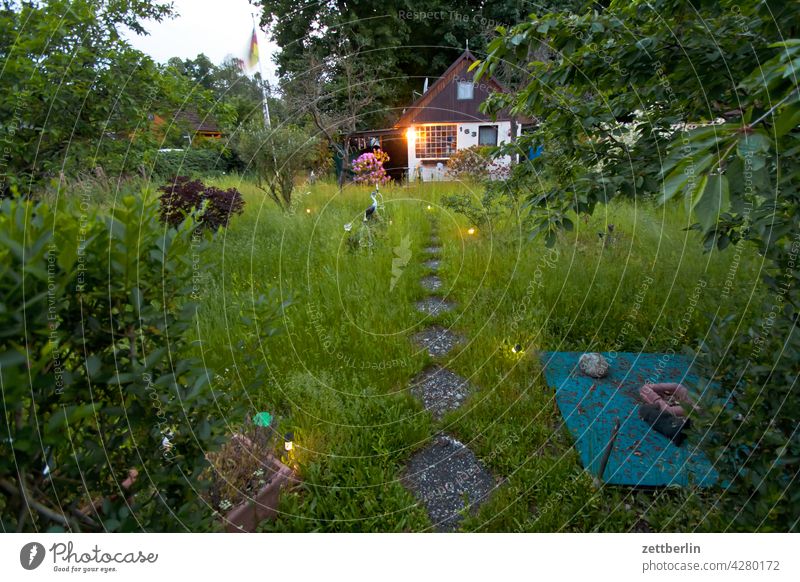 Garten am Abend abend ast baum dunkel dämmerung erholung ferien garten himmel kleingarten kleingartenkolonie knospe menschenleer nacht natur pflanze ruhe saison