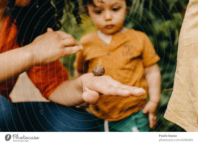 Mutter zeigt Kindern Schnecke Mutterschaft Kaukasier 1-3 Jahre Riesenglanzschnecke Eltern niedlich Liebe Zusammensein Familie & Verwandtschaft