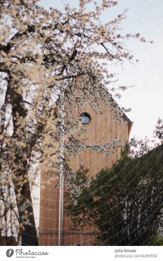 Ferienturm im Blütenmeer Ferien & Urlaub & Reisen Ferienhaus Turm Trafostation trafohaus rundes fenster Holz Holzvertäfelung Kirschblüten Baum strauch Dach