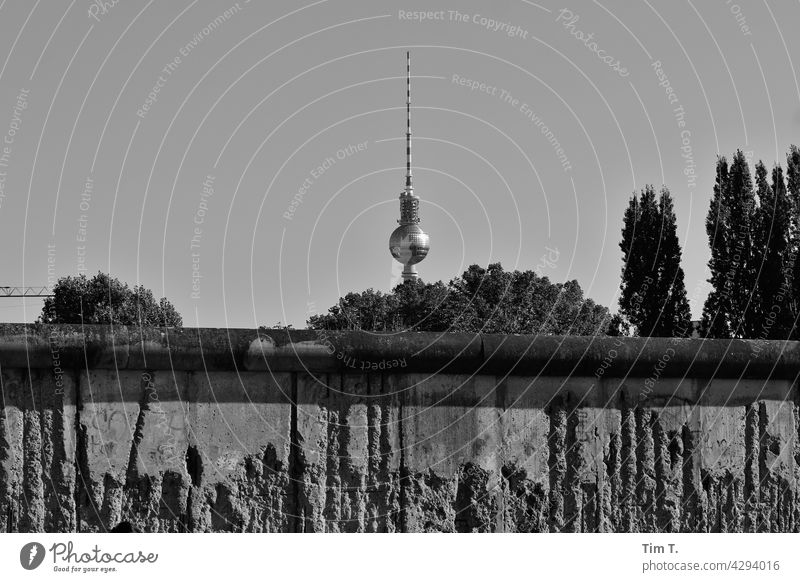 Blick über die Berliner Mauer zum Fernsehturm s/w bernauer straße wedding Prenzlauer Berg Hauptstadt Stadt Grenze Menschenleer Bauwerk Altstadt Gebäude